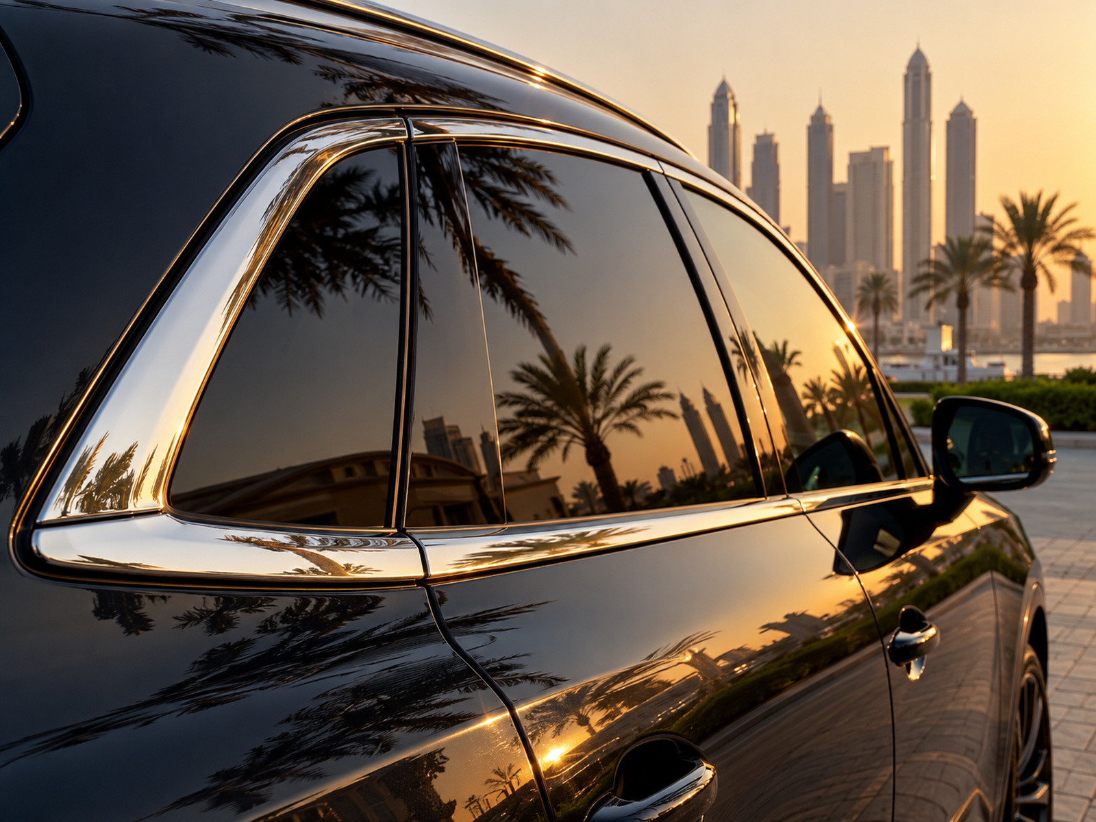 Close-up of polished chrome trim with warm reflections on dark paint