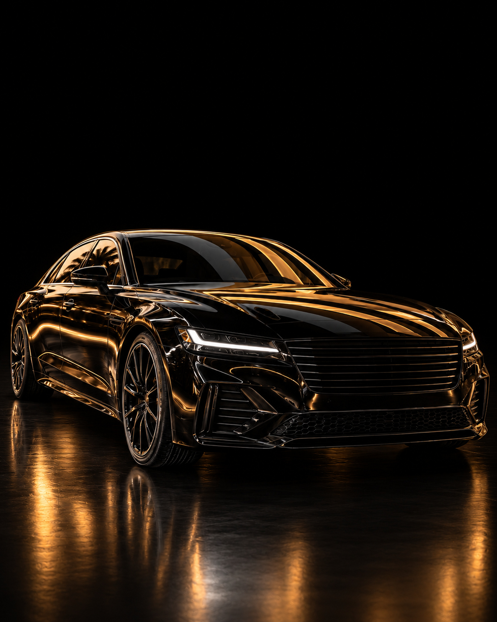 Glossy black car on a pure black background with warm golden reflections, generic unbranded car, no logo, no plate