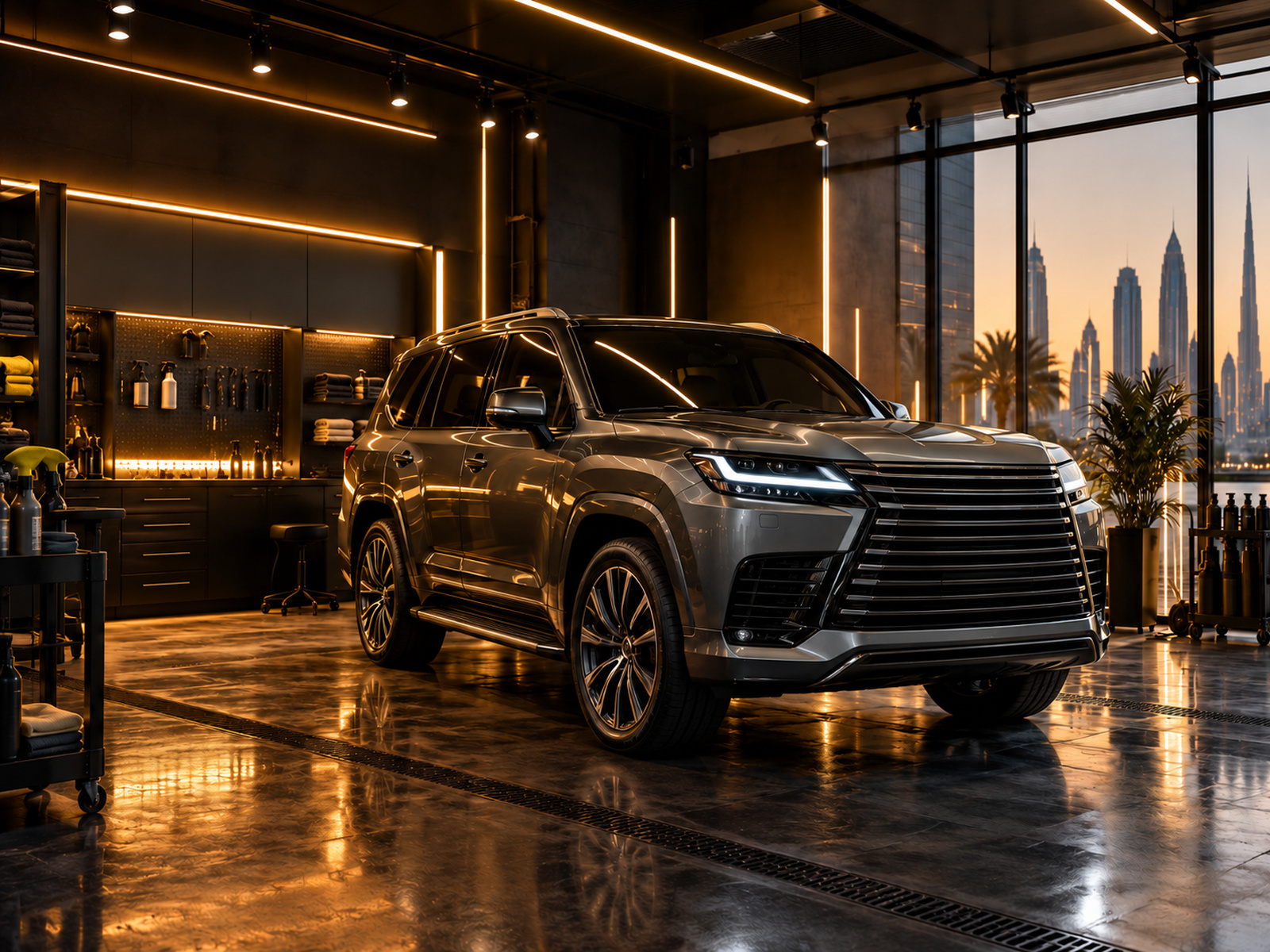 Elegant dark detailing studio with golden lighting and one car, no readable signs